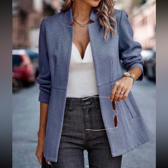 Classic Herringbone Blazer Jacket Coat - Picture 6 of 10